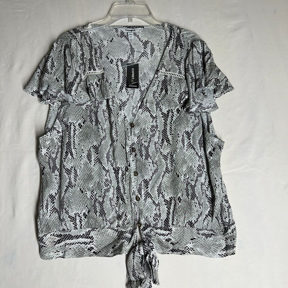 NWT Express Womens Blouse Snake Python Front Tie Ruffled Soft Rayon Top Size L - Picture 4 of 10